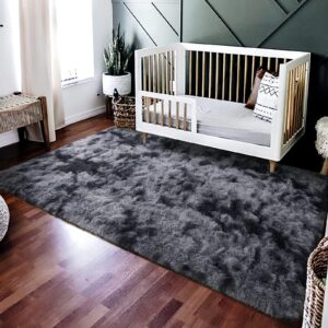 HOMORE Soft Fluffy Rug for Bedroom, Tie Dye Rugs for Living Room, Non Slip Shaggy Plush Carpet for Kids Nursery Toddler, 4x6 Feet Area Rugs for Room Floor, Dark Gray/Black