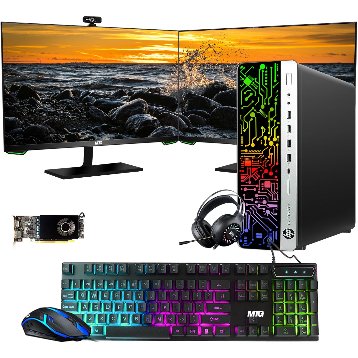 HP G3 RGB Computer PC Intel i5-6th Gen, AMD RX 550 Graphics, 32GB RAM, 1TB SSD + 3TB HDD, MTG New 27 Inch Dual Monitor, RGB Keyboard Mouse, Headphone, Webcam, Win 10 Pro (Renewed)