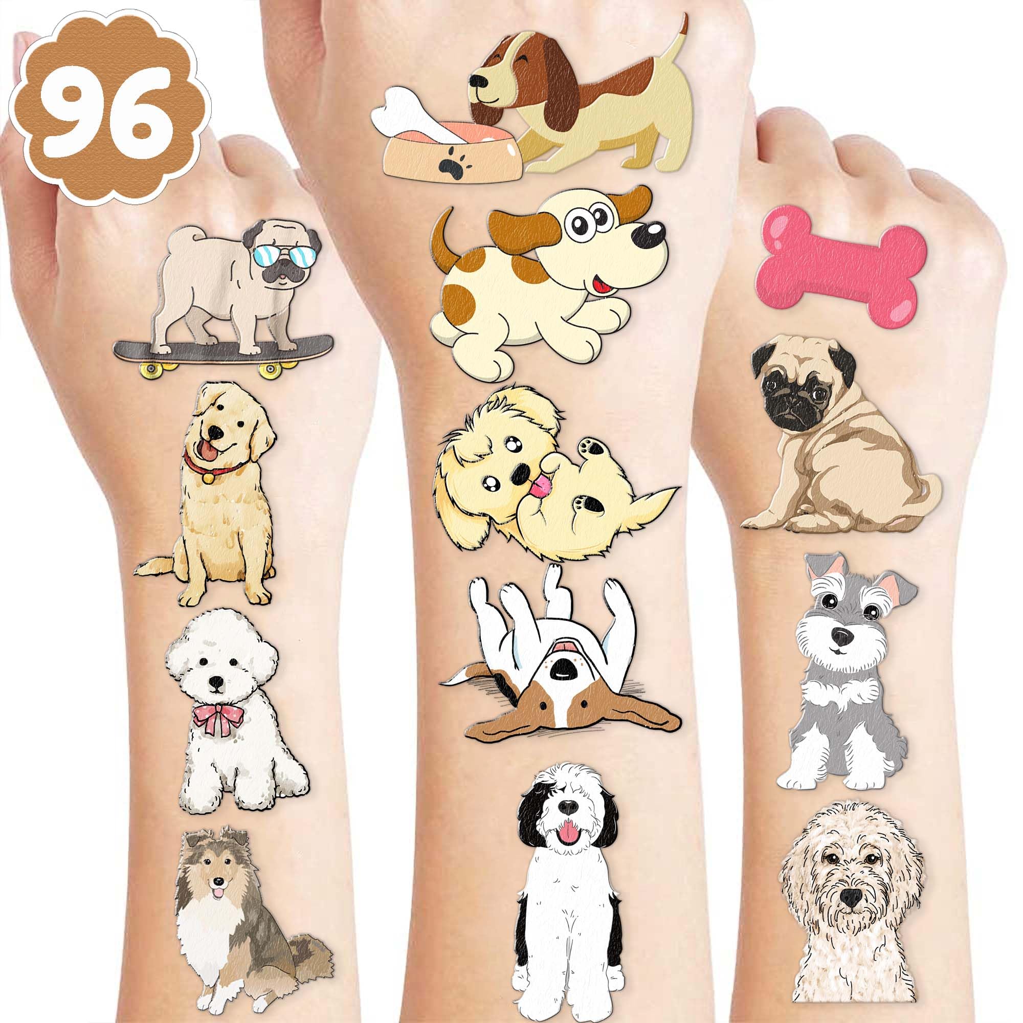 8 Sheets (96PCS) Temporary Tattoos Dog Birthday Party Supplies Decorations Party Favors Tattoo Stickers For Kids Girls Boys Gifts Classroom School Theme Prizes Rewards