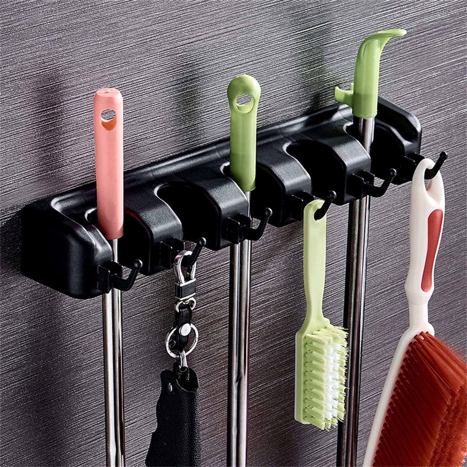 LEDWII Broom and Mop Holder, Storage Rack, Wall Mounted Tidy Organizer with 5 Position 6 Hooks, Storage Rack Organizer for Brush, Mop and Broom Tool, for Kitchen, Garden, Tools, Garage,Black