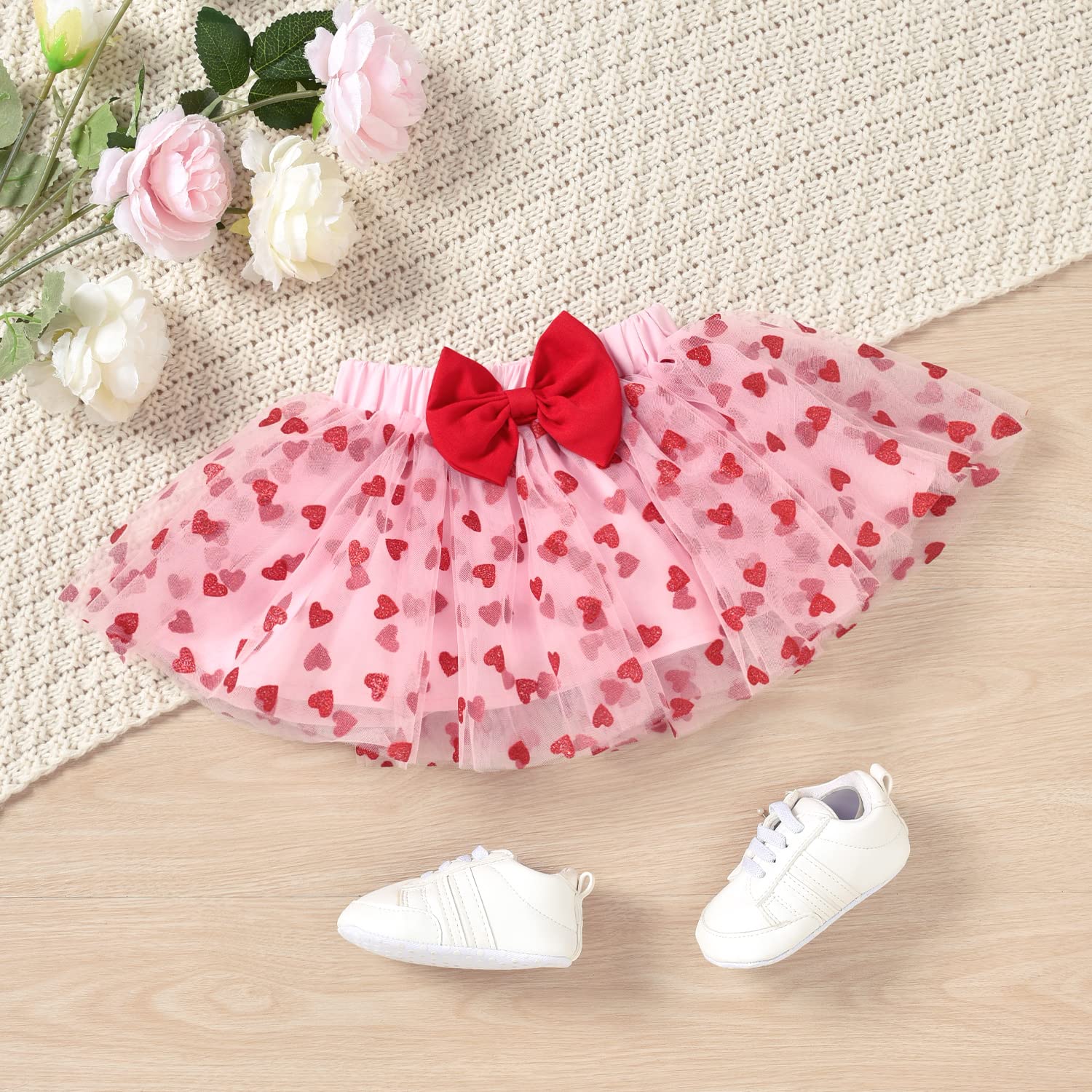 Aalizzwell 6-12 Months Baby Girls Valentines Day Outfit Infant 1st Valentines My Tulle Skirt Heart Clothes with Leg Warmers Clothing Pink