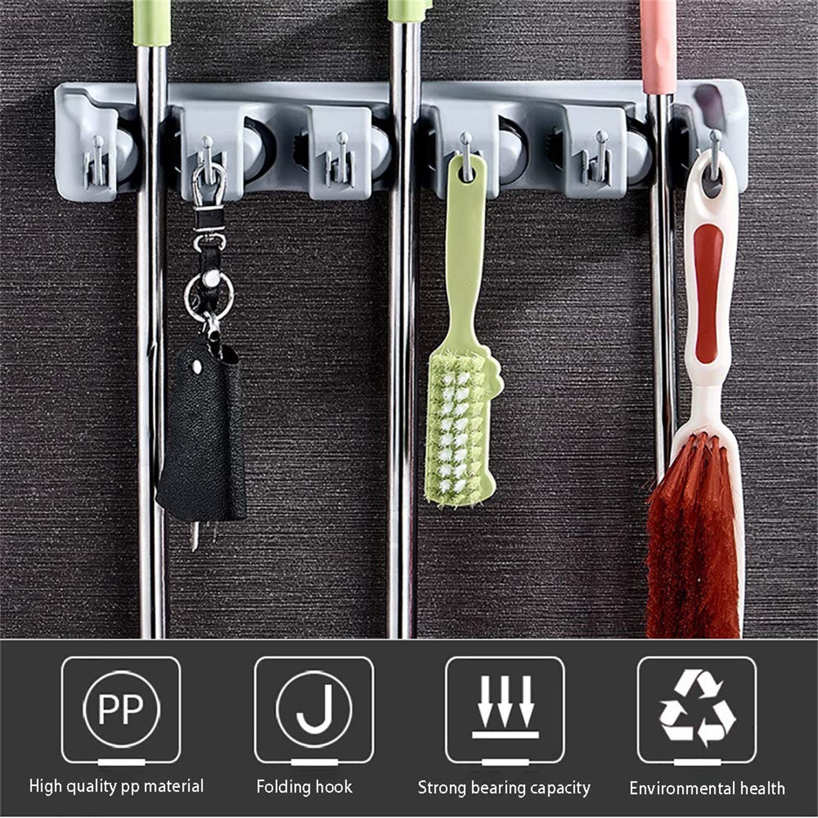 LEDWII Broom and Mop Holder, Storage Rack, Wall Mounted Tidy Organizer with 5 Position 6 Hooks, Storage Rack Organizer for Brush, Mop and Broom Tool, for Kitchen, Garden, Tools, Garage,Black