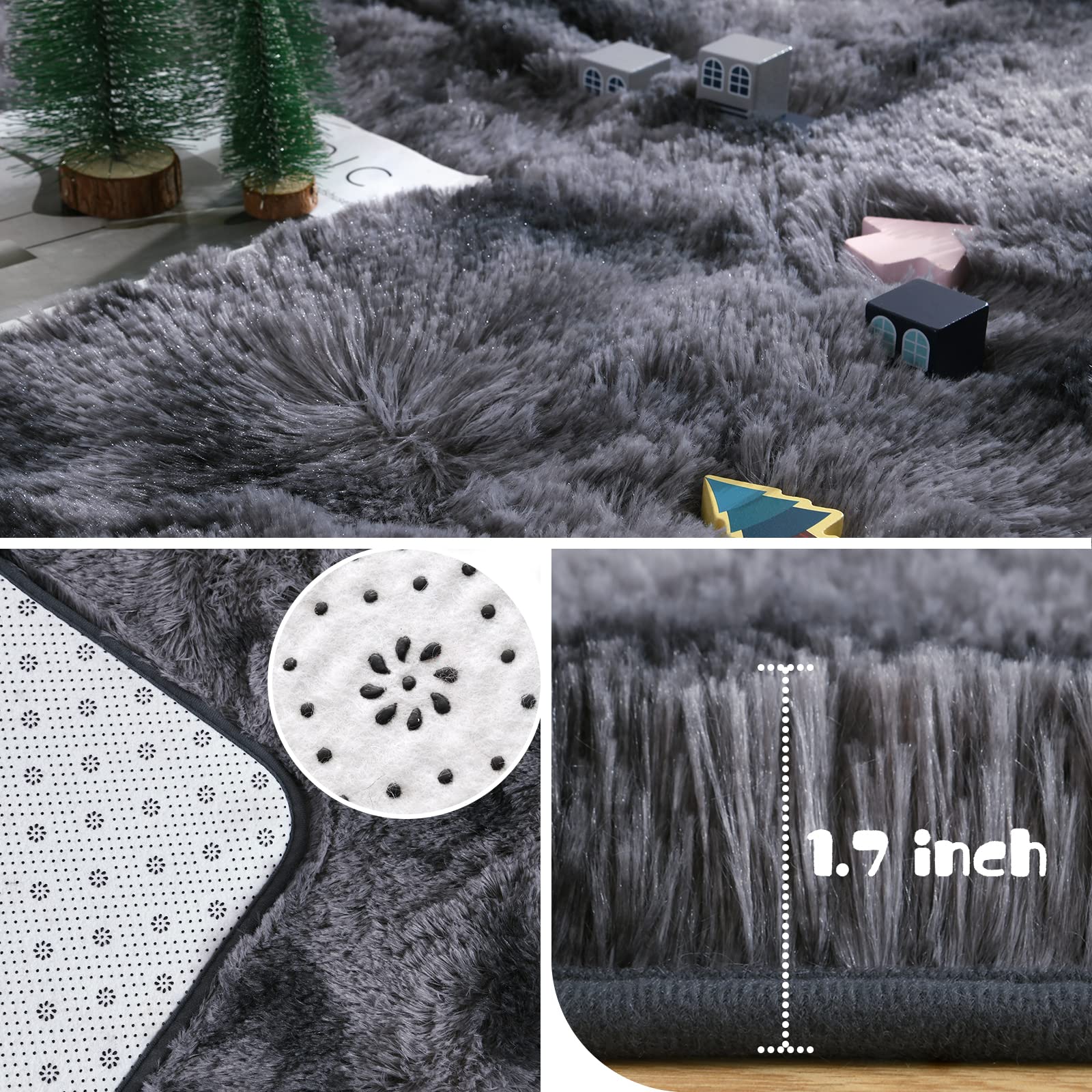 HOMORE Soft Fluffy Rug for Bedroom, Tie Dye Rugs for Living Room, Non Slip Shaggy Plush Carpet for Kids Nursery Toddler, 4x6 Feet Area Rugs for Room Floor, Dark Gray/Black