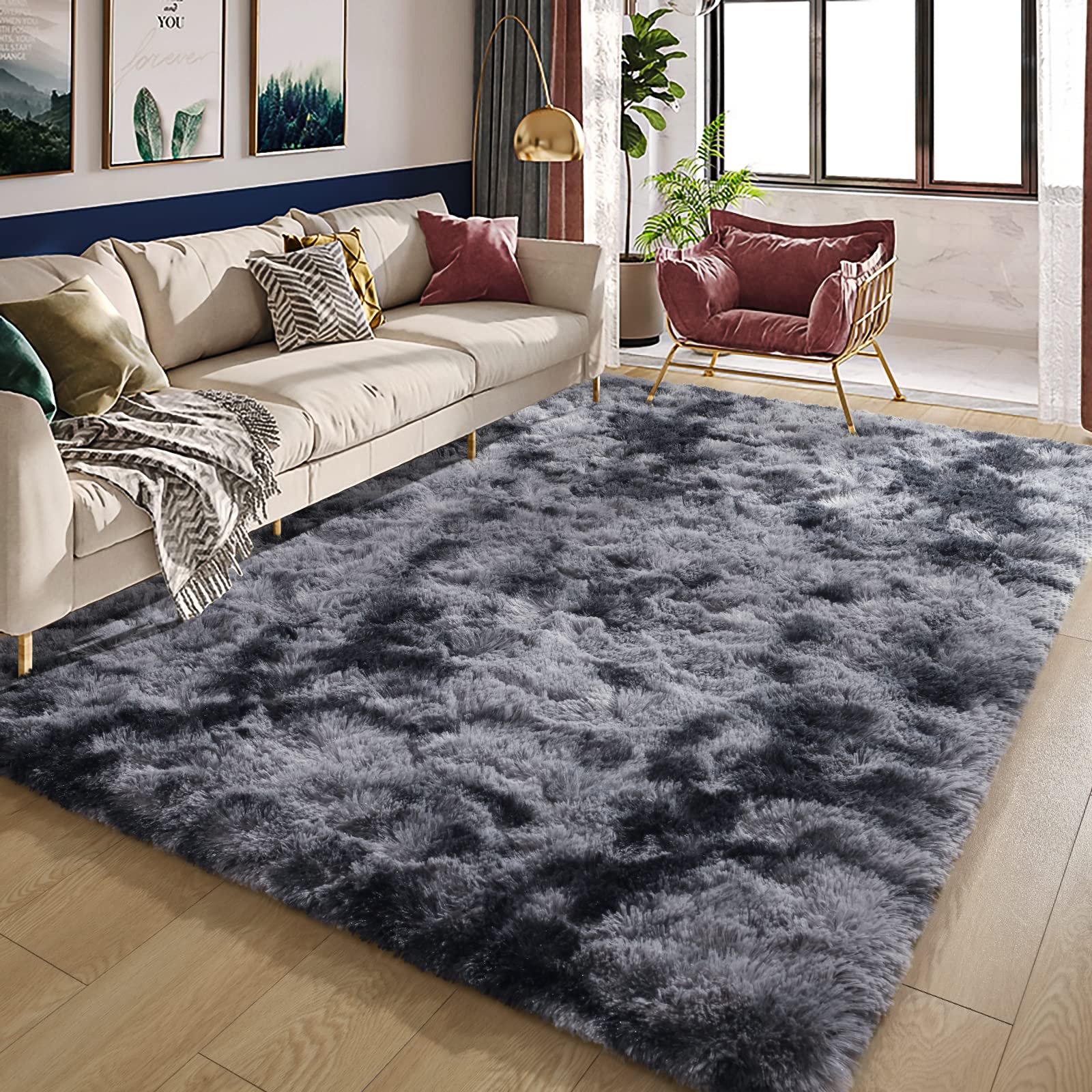 HOMORE Soft Fluffy Rug for Bedroom, Tie Dye Rugs for Living Room, Non Slip Shaggy Plush Carpet for Kids Nursery Toddler, 4x6 Feet Area Rugs for Room Floor, Dark Gray/Black