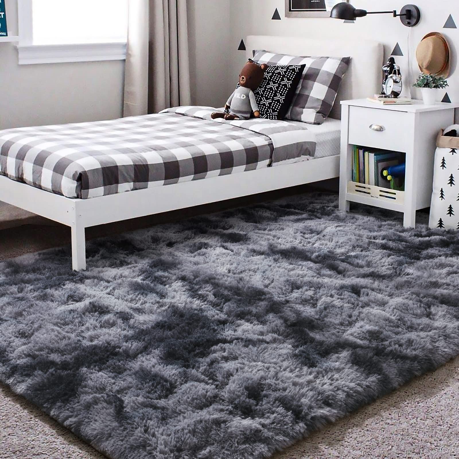 HOMORE Soft Fluffy Rug for Bedroom, Tie Dye Rugs for Living Room, Non Slip Shaggy Plush Carpet for Kids Nursery Toddler, 4x6 Feet Area Rugs for Room Floor, Dark Gray/Black