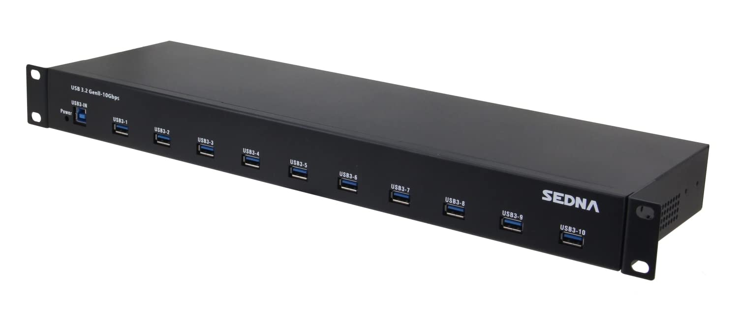 SEDNA - 19 Inch 1U Rack Mount 10 Port USB 3.2 Gen II Hub (10Gbps) with 5V 10A AC/DC Adapter