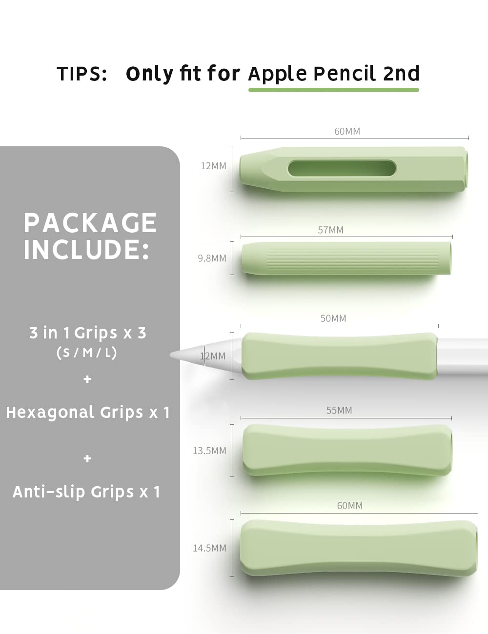 5 Pack Pencil Grips Compatible with Only Apple Pencil 2nd Generation Silicone Ergonomic Design Sleeve Holder(Mint Green)