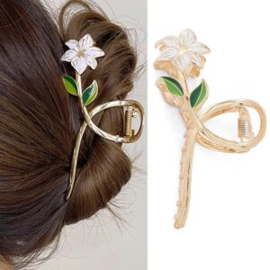 hair claw clips acrylic barrette crab headband ponytail thick gold curly hair clip gothic styling accessories white lily flower metal 4.3 inches non-slip suitable for women beauty decor