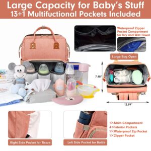 Axone 3 in 1 Baby Diaper Bag Backpack Unisex Travel Nappy for Boys & Girls Waterproof Stroller Straps Large Capacity Pink