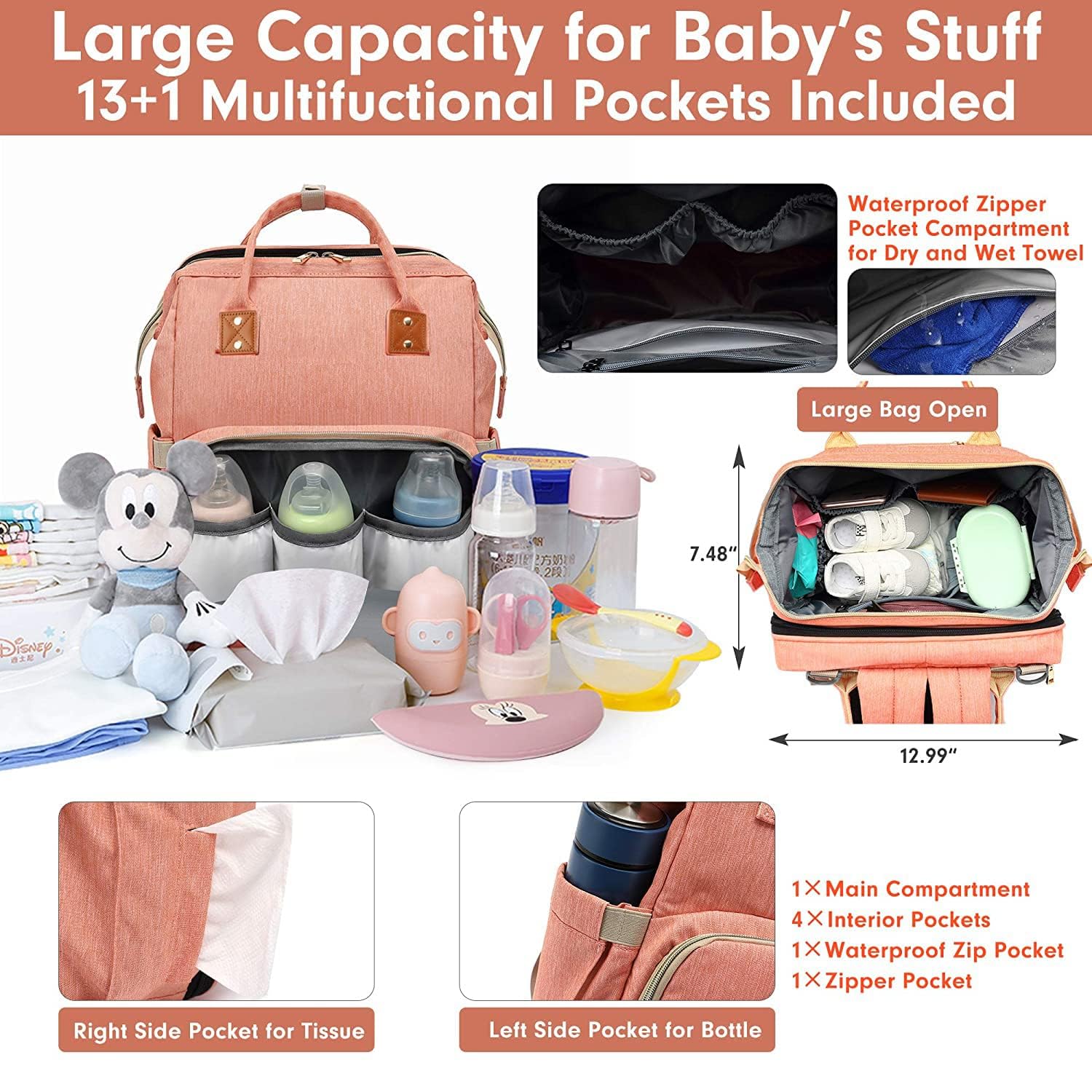 Axone 3 in 1 Baby Diaper Bag Backpack Unisex Travel Nappy for Boys & Girls Waterproof Stroller Straps Large Capacity Pink