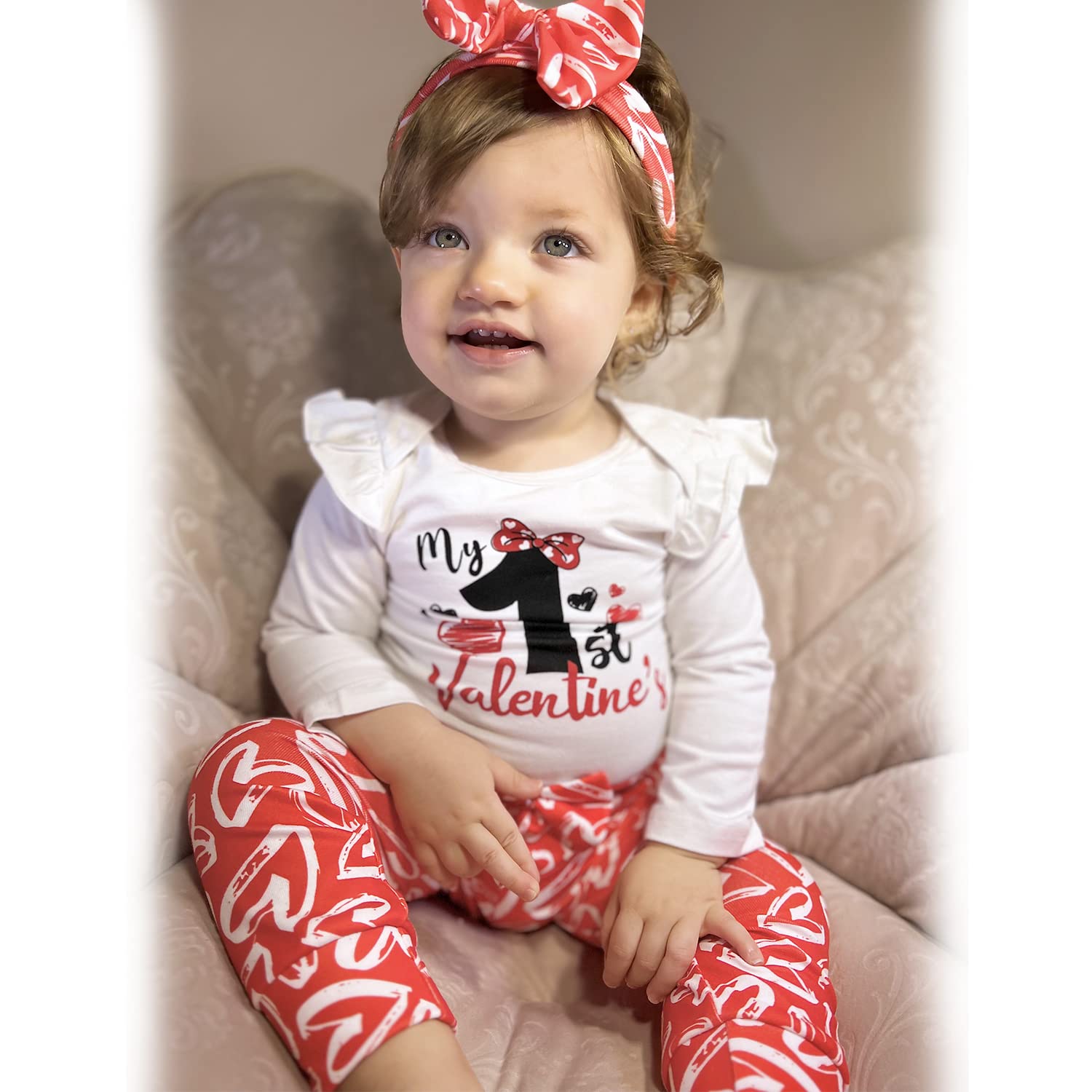 HINTINA Infant Baby Girl 1st First Valentines Day Outfits Red Heart Bodysuit Clothes Set 12-18 Months