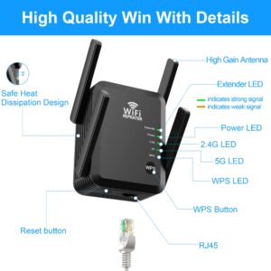 WiFi Extender Signal Booster Long Range Coverage to 8000sq.ft and 45+ Devices, WiFi 2.4&5GHz Dual Band WPS WiFi Signal Strong Penetrability, 360°Coverage Supports Ethernet Port