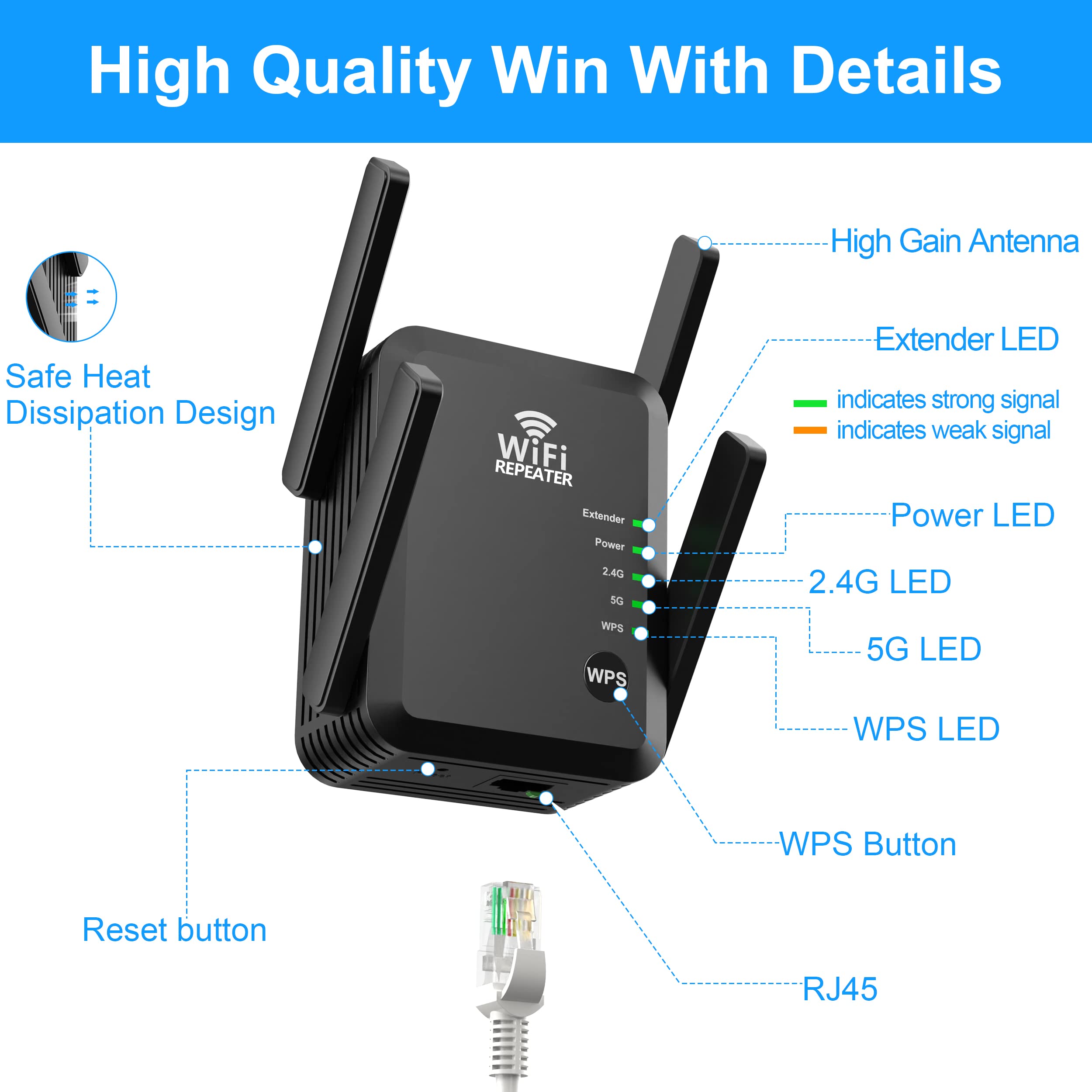 WiFi Extender Signal Booster Long Range Coverage to 8000sq.ft and 45+ Devices, WiFi 2.4&5GHz Dual Band WPS WiFi Signal Strong Penetrability, 360°Coverage Supports Ethernet Port