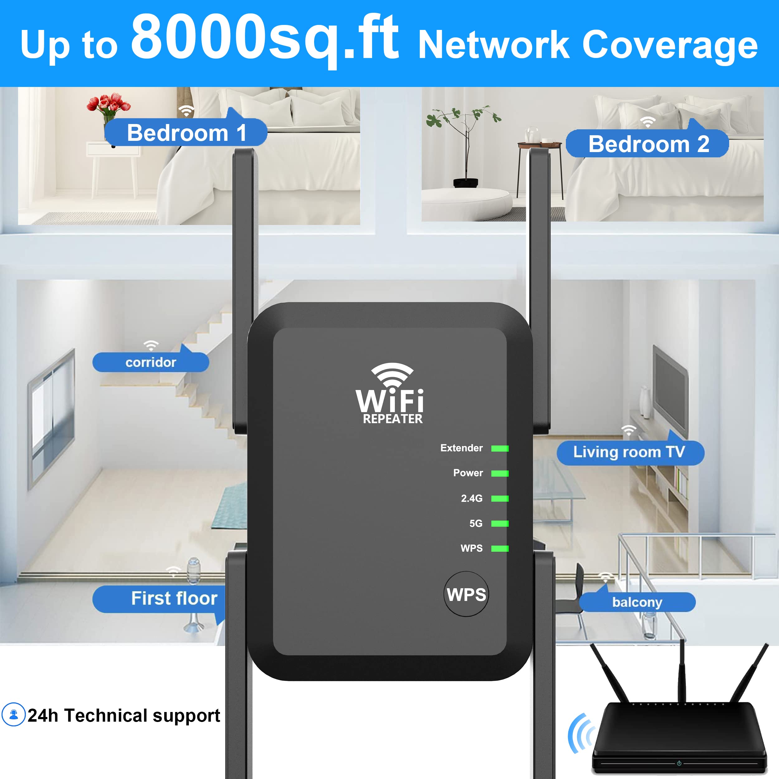 WiFi Extender Signal Booster Long Range Coverage to 8000sq.ft and 45+ Devices, WiFi 2.4&5GHz Dual Band WPS WiFi Signal Strong Penetrability, 360°Coverage Supports Ethernet Port