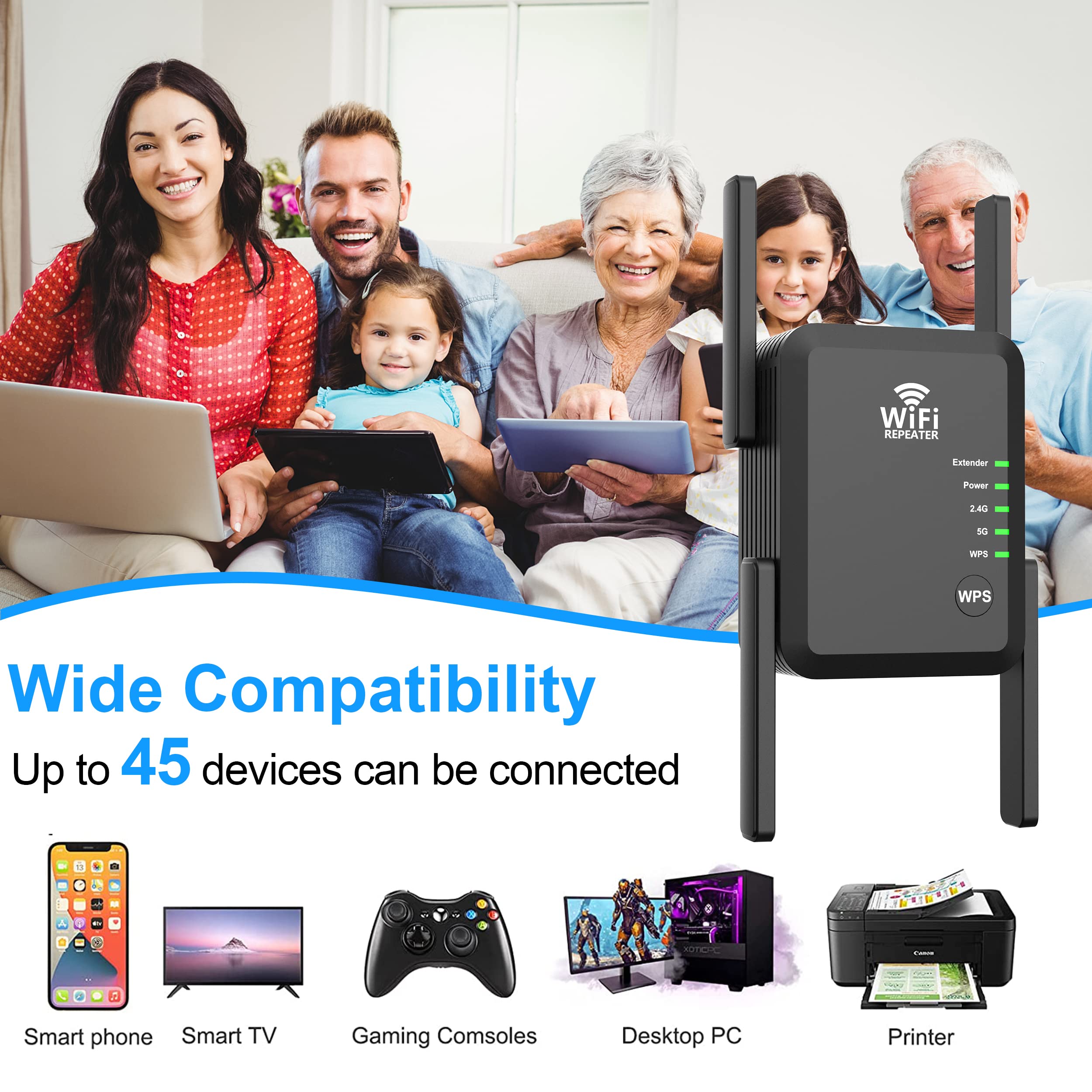 WiFi Extender Signal Booster Long Range Coverage to 8000sq.ft and 45+ Devices, WiFi 2.4&5GHz Dual Band WPS WiFi Signal Strong Penetrability, 360°Coverage Supports Ethernet Port