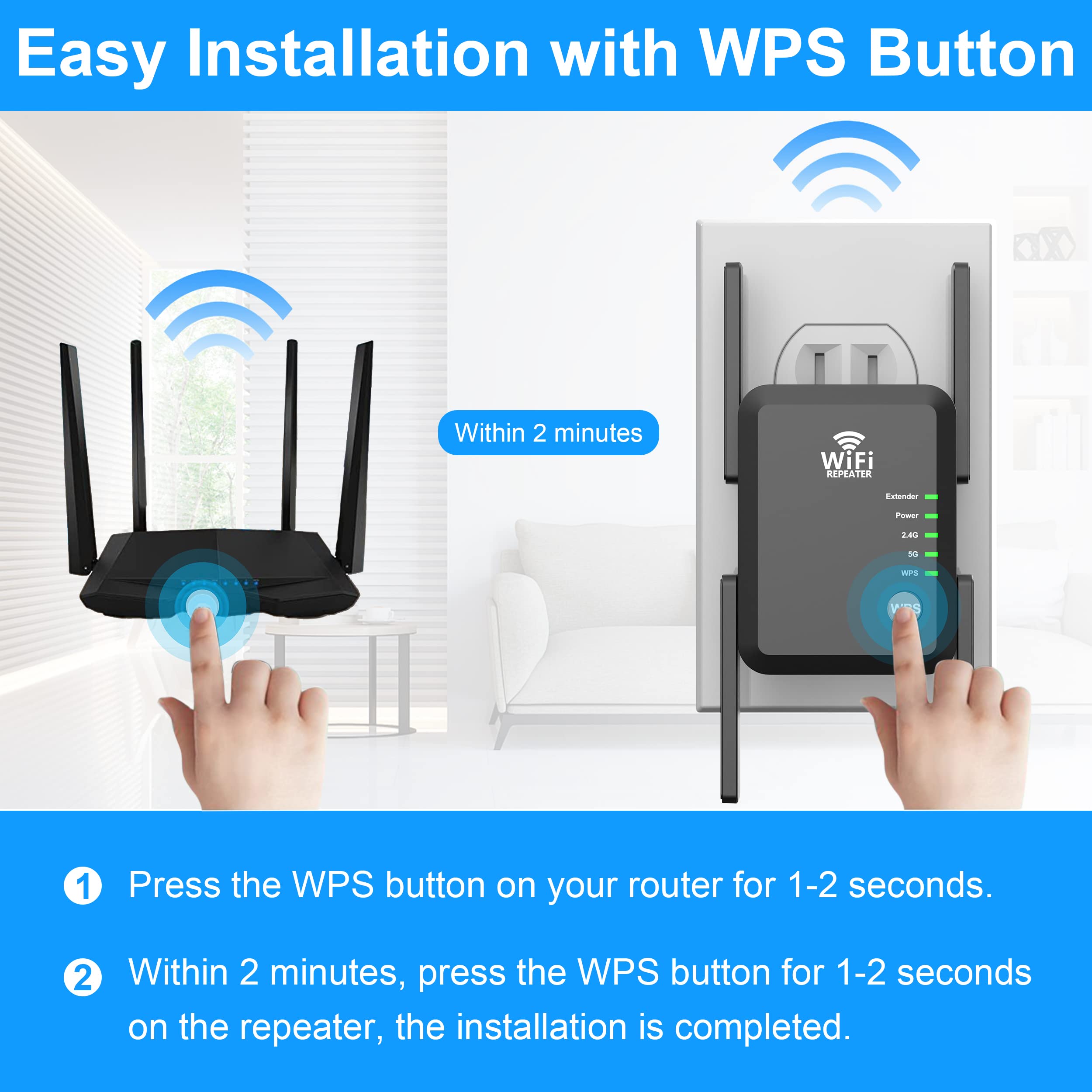 WiFi Extender Signal Booster Long Range Coverage to 8000sq.ft and 45+ Devices, WiFi 2.4&5GHz Dual Band WPS WiFi Signal Strong Penetrability, 360°Coverage Supports Ethernet Port