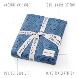 Bleu La La Cotton Heart Knit Swaddle Baby Blanket for Boys - Soft Warm Cozy Swaddling Receiving Cuddle Stroller and Crib Blanket for Newborns, Infants & Toddlers (Denim, 0-2 Years)