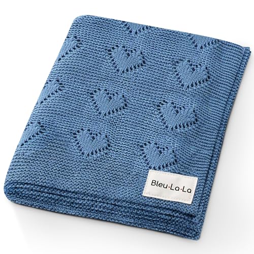 Bleu La La Cotton Heart Knit Swaddle Baby Blanket for Boys - Soft Warm Cozy Swaddling Receiving Cuddle Stroller and Crib Blanket for Newborns, Infants & Toddlers (Denim, 0-2 Years)