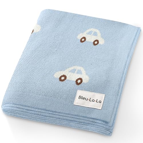 Bleu La La Baby Blanket for Boys 100% Cotton Buttery Soft Cozy Receiving Swaddle Crib Stroller Blanket for Shower Gift Registry for Newborns, Infants, Toddlers (Cars - Baby Blue)