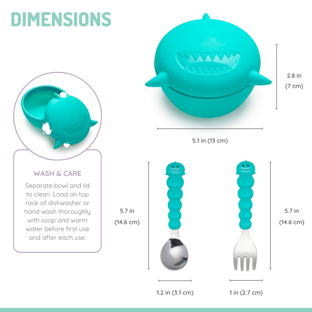 melii Silicone Bowl with Lid & Utensils – spoon and fork for Baby, Toddlers and Kids, BPA Free, Dishwasher & Microwave Safe (Shark)