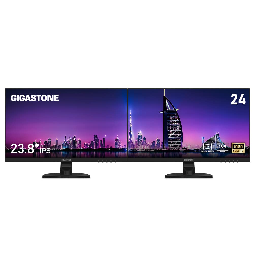 Gigastone 24 inch IPS LED Back Light Monitor 2-Pack 75Hz FHD 1920 x 1080, 178° Wide View Frameless, Dual Monitor, 5ms, Built-in Speakers, Eye Care Technology, Ergonomic Tilt VESA Mount, HDMI VGA