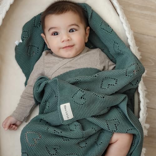 Bleu La La Cotton Heart Knit Swaddle Baby Blanket for Boys - Soft Warm Cozy Swaddling Receiving Cuddle Stroller and Crib Blanket for Newborns, Infants & Toddlers (Denim, 0-2 Years)