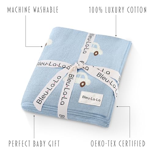 Bleu La La Baby Blanket for Boys 100% Cotton Buttery Soft Cozy Receiving Swaddle Crib Stroller Blanket for Shower Gift Registry for Newborns, Infants, Toddlers (Cars - Baby Blue)