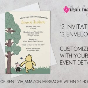 Winnie the Pooh Baby Shower Invitation Pooh Bear Piglet Cute Cartoon Vintage Nostalgic Unisex Gender Neutral Sprinkle Custom Printed Personalized Customized (12 count)