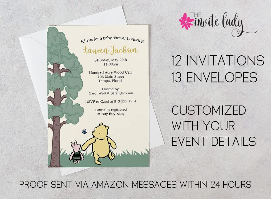 Winnie the Pooh Baby Shower Invitation Pooh Bear Piglet Cute Cartoon Vintage Nostalgic Unisex Gender Neutral Sprinkle Custom Printed Personalized Customized (12 count)