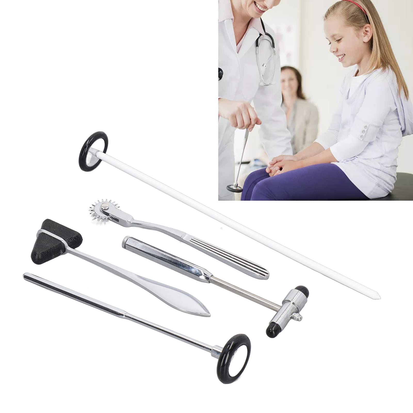 5PCS Neurological Hammer Set, Ergonomic Handle, Stainless Steel, Mainly with a Stethoscope Hammer to Strike Various Parts