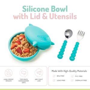 melii Silicone Bowl with Lid & Utensils – spoon and fork for Baby, Toddlers and Kids, BPA Free, Dishwasher & Microwave Safe (Shark)