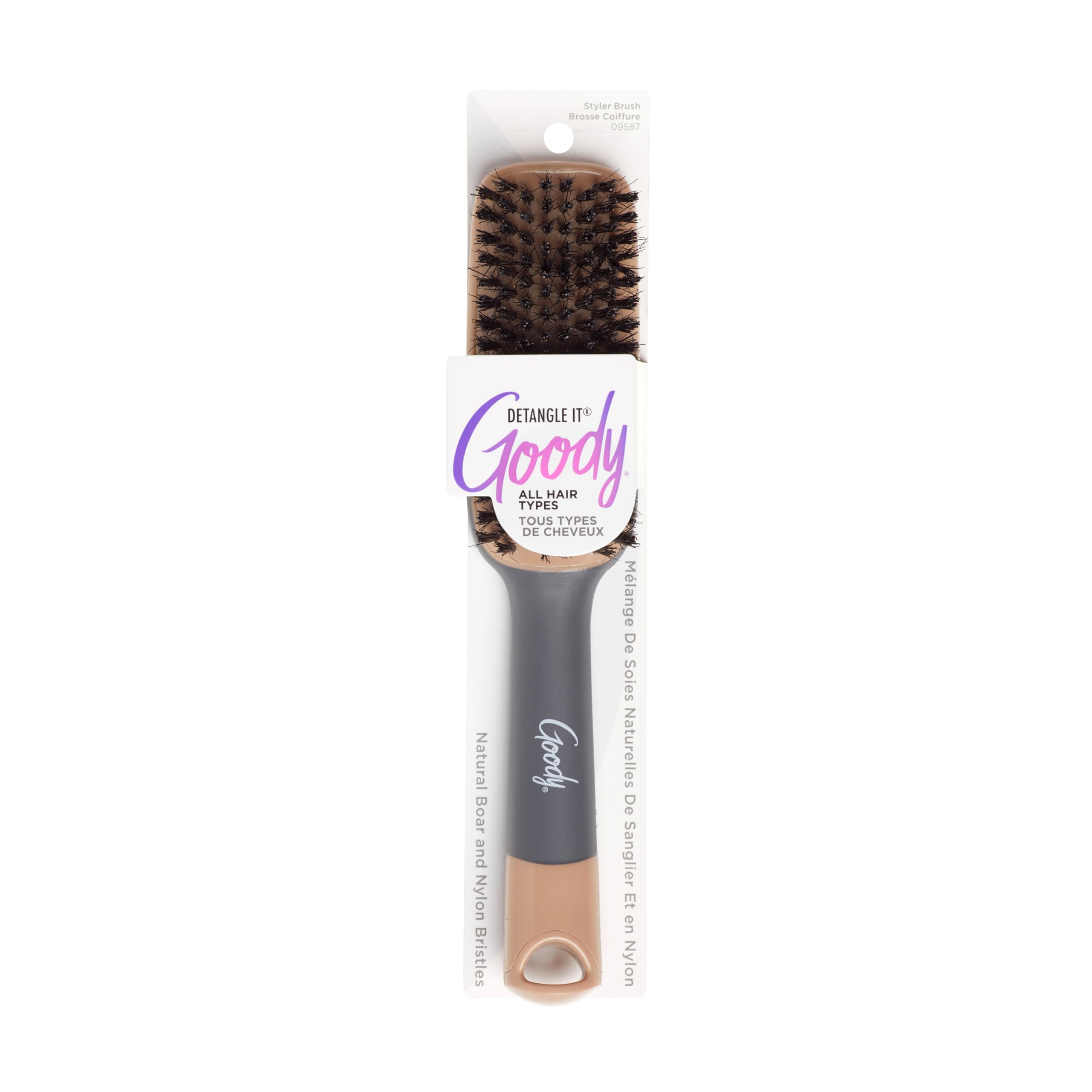 Goody Detangle It Boar Bristle Hair Brush, Use as a Detangling Brush or Styling Brush, Conditions & Boosts Shine, Helps Tackle Knots & Reduce Frizz, For Wet or Dry Hair, Brown/Grey