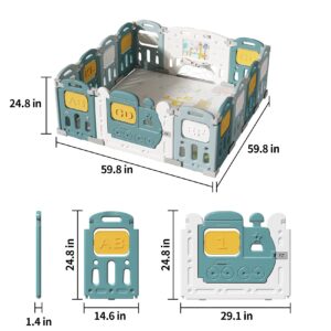 UNICOO – Baby Playpen, Foldable Kids Fence Activity Center, Safety Playard with Games Station Non-Slip Rubber Bases, Adjustable Shape, Portable Design (ZC-001-MGW Mint Green+White)