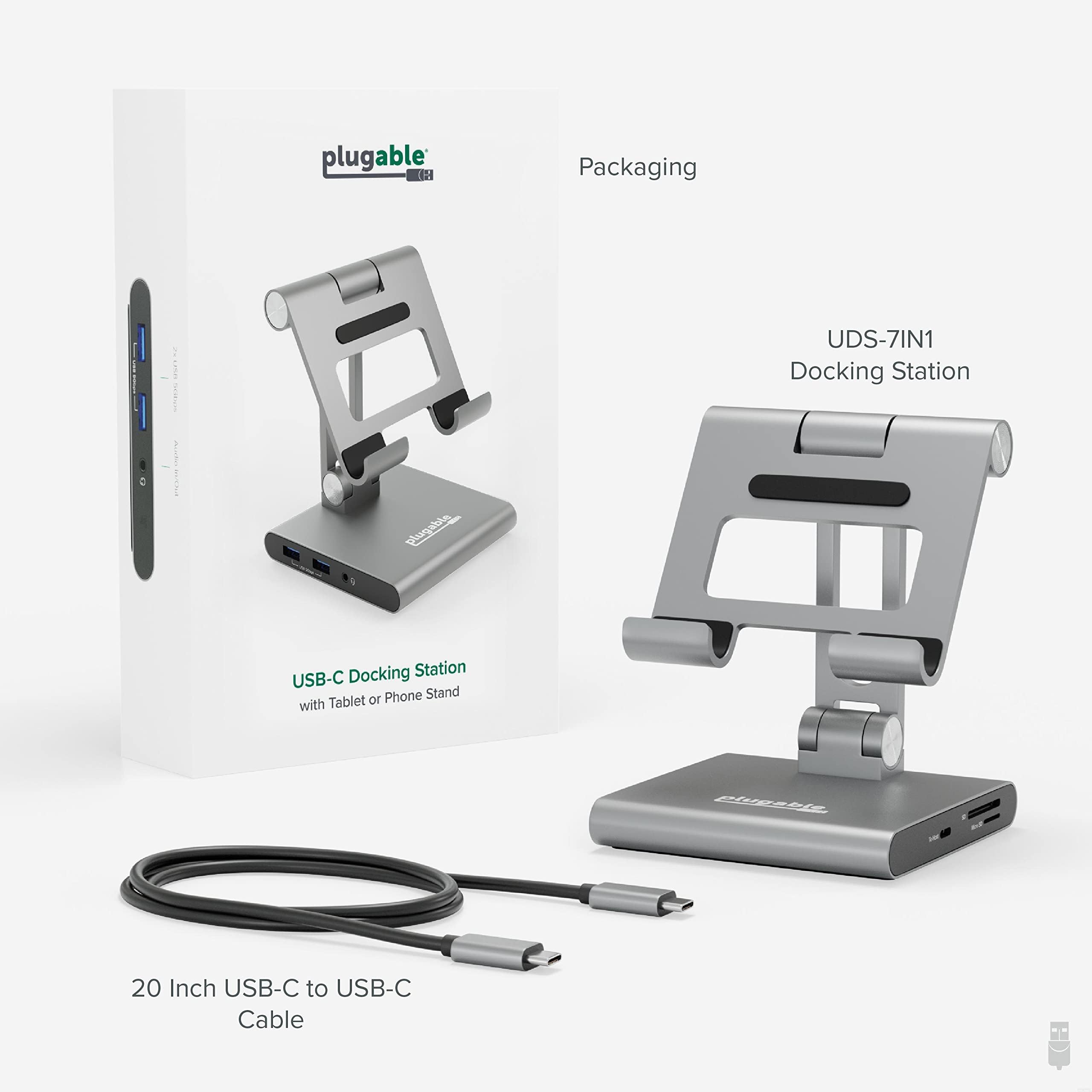 Plugable 8-in-1 USB C Hub for iPad with Stand, 100W Pass-Through Charging, USB C Docking Station for iPad, 1x HDMI, 2X USB, Audio, SD, Driverless, Compatible with Windows, iPadOS, Phones, Tablets