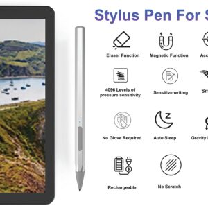 4096 Pressure Stylus Pen for Microsoft Surface Pro 9/8/7/6/5/4/3/X Surface Laptop Book Studio Surface 3/Go3/Go2/Go Pen Protocol, Magnetic Hold, Erase Copy Paste+Tilt&Palm Rejection Function (Silver)