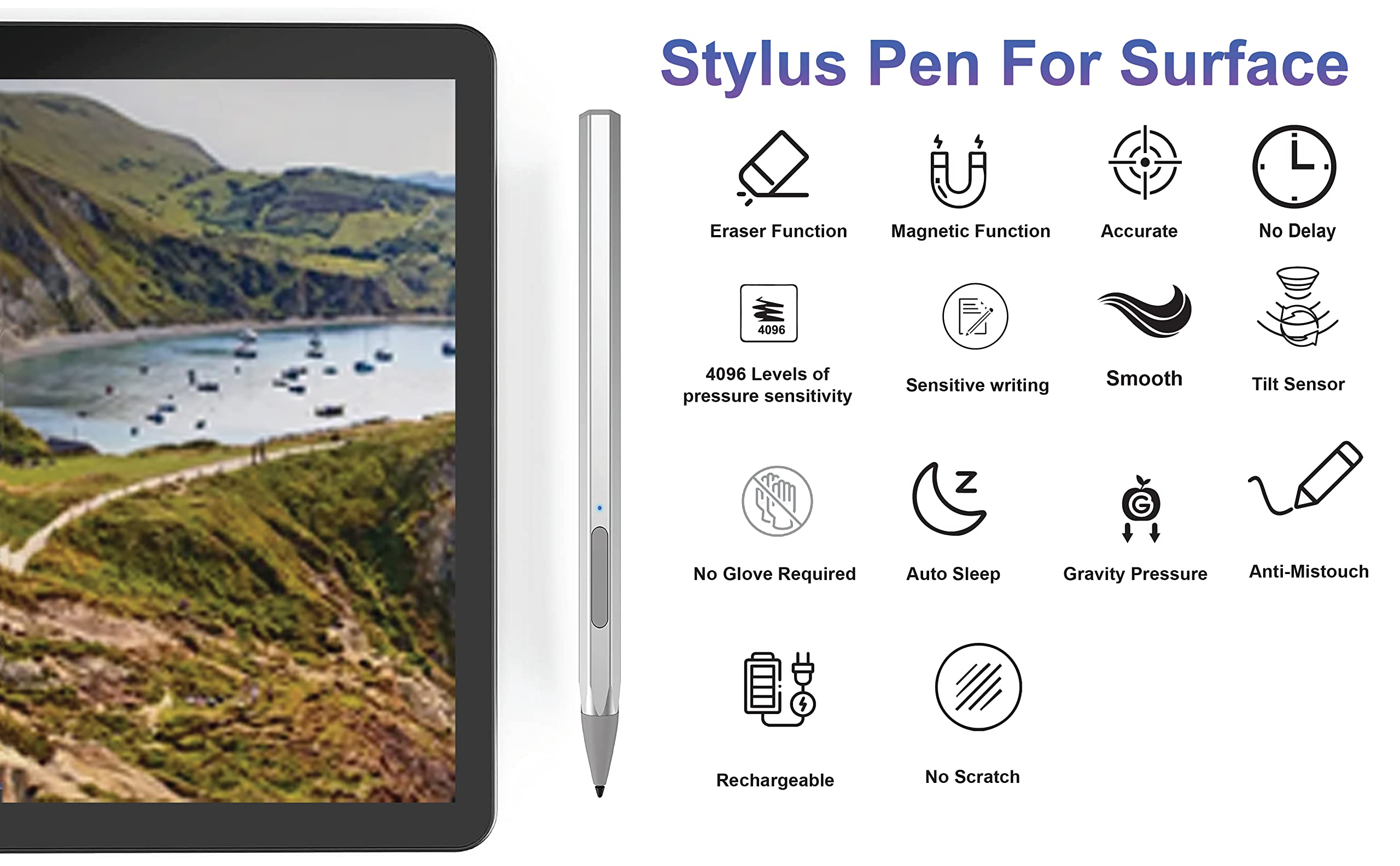 4096 Pressure Stylus Pen for Microsoft Surface Pro 9/8/7/6/5/4/3/X Surface Laptop Book Studio Surface 3/Go3/Go2/Go Pen Protocol, Magnetic Hold, Erase Copy Paste+Tilt&Palm Rejection Function (Silver)