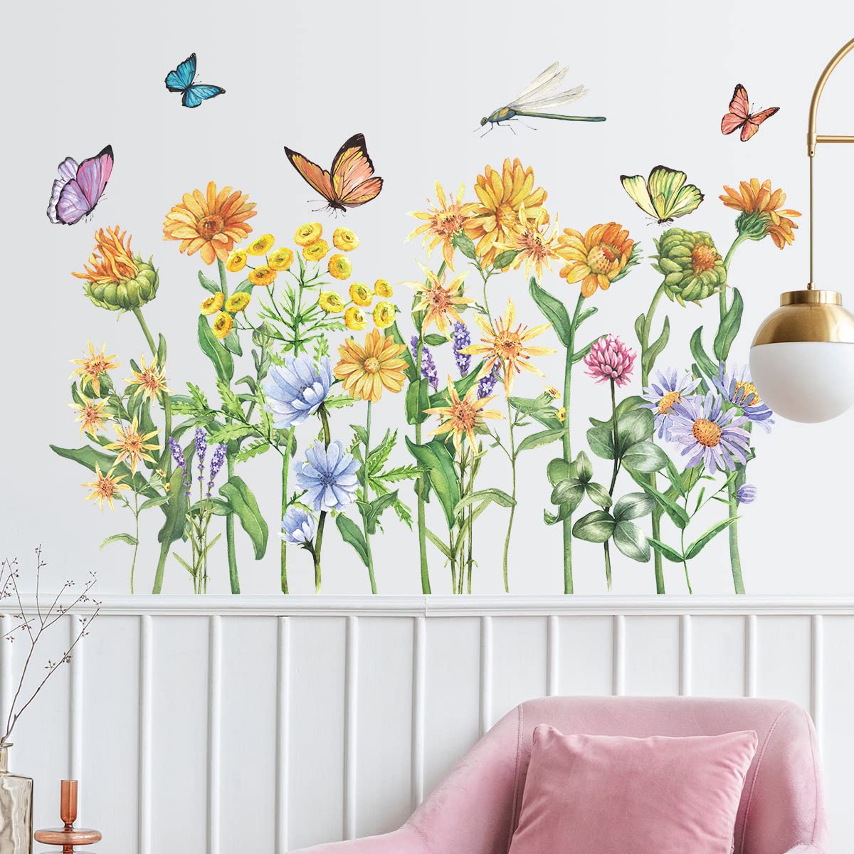 Buiory Removable Flowers Wall Decals Floral Butterfly Wall Stickers Garden Plants Wall Decor for Nursery Classroom Bedroom Bathroom Sofa TV Background