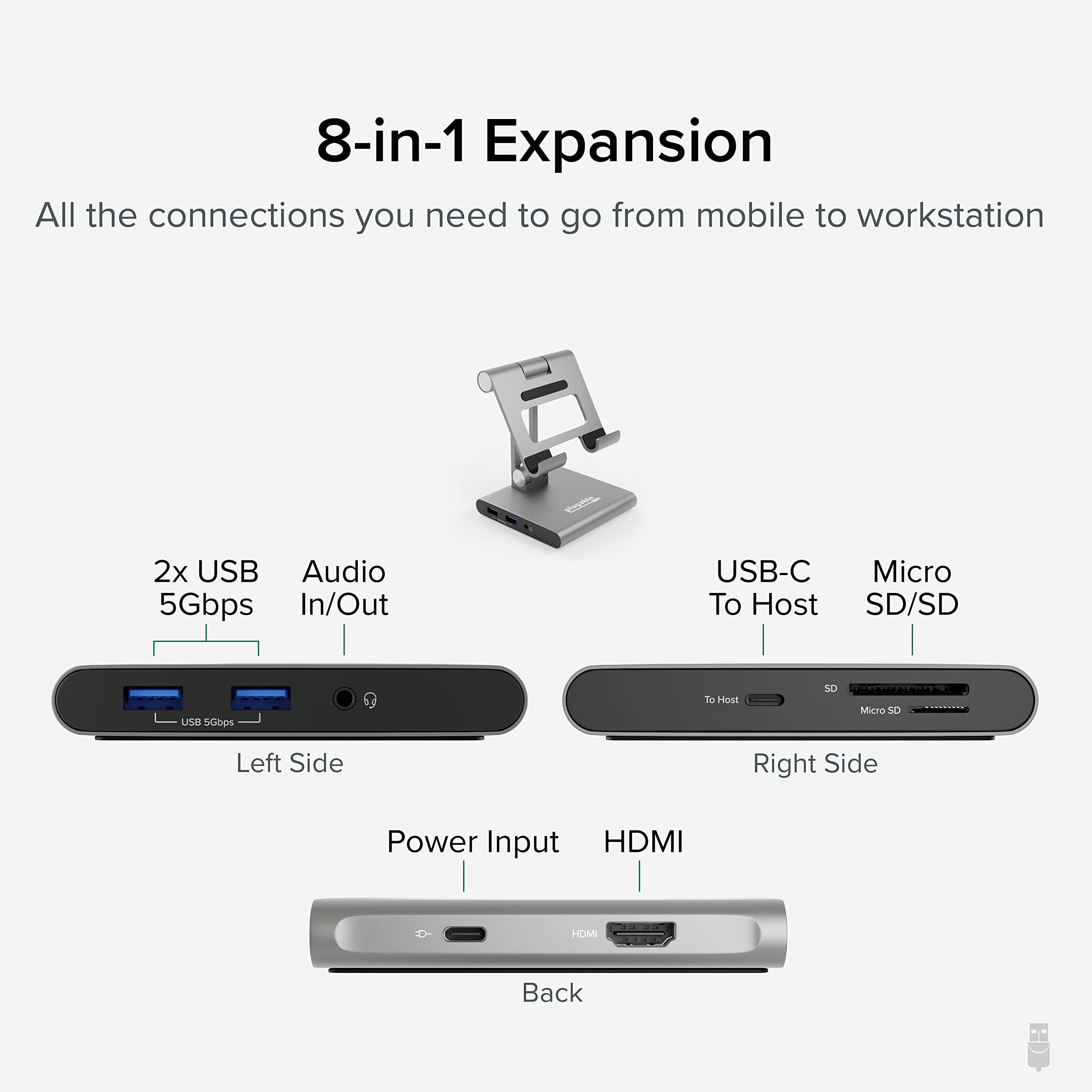 Plugable 8-in-1 USB C Hub for iPad with Stand, 100W Pass-Through Charging, USB C Docking Station for iPad, 1x HDMI, 2X USB, Audio, SD, Driverless, Compatible with Windows, iPadOS, Phones, Tablets