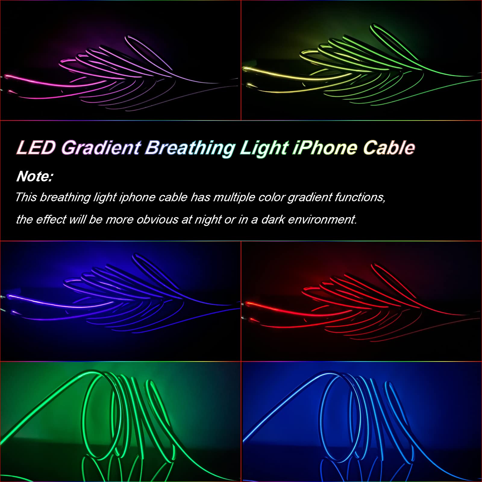 LED [Apple MFi Certified] iPhone Charger, Led Breathing Light Lightning Cable Fast Charging Cord for iPhone 14 Pro Max13/12/11 Pro Max/Mini/XS MAX/XR/XS/X/8/7/Plus iPad AirPods 6ft,RGB