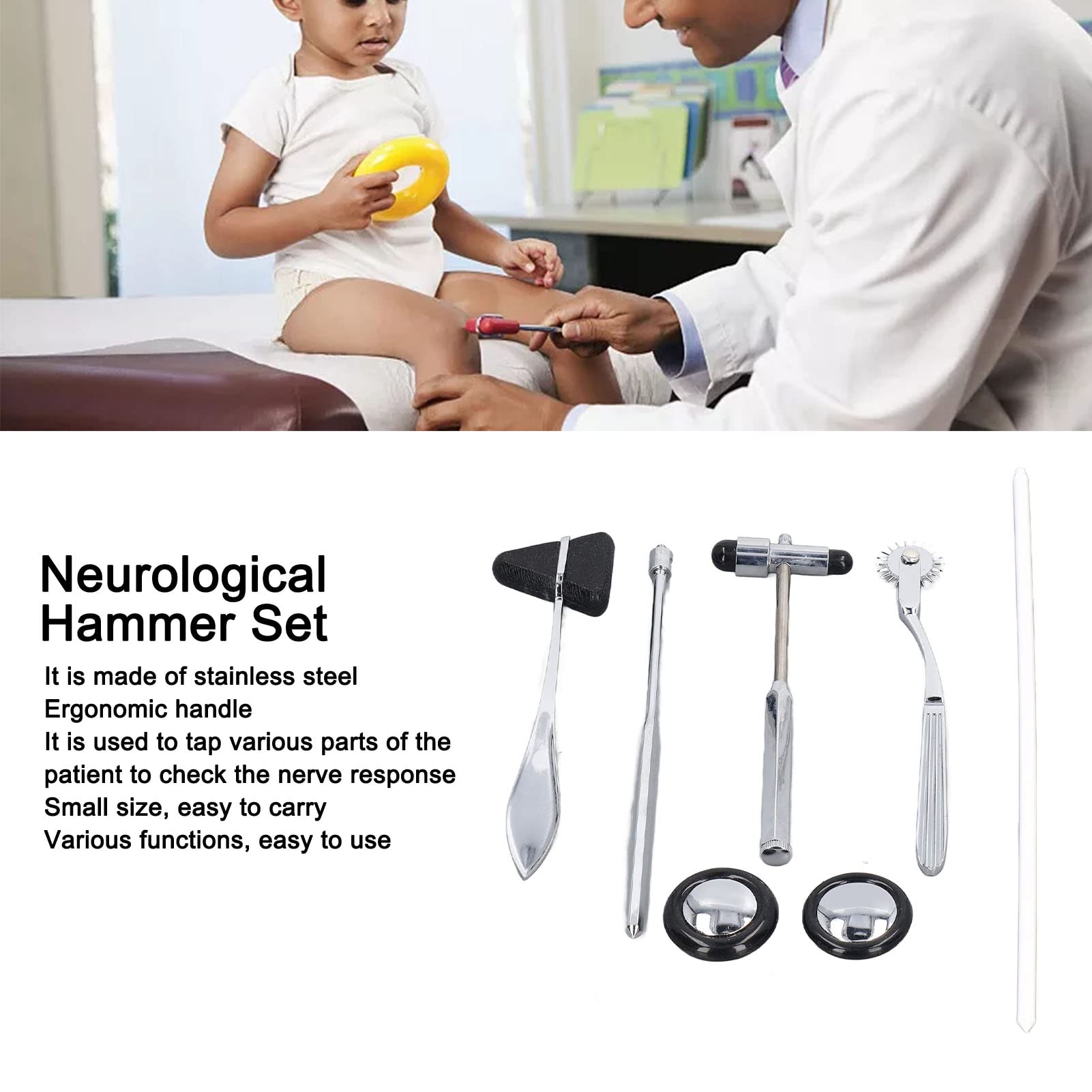 5PCS Neurological Hammer Set, Ergonomic Handle, Stainless Steel, Mainly with a Stethoscope Hammer to Strike Various Parts