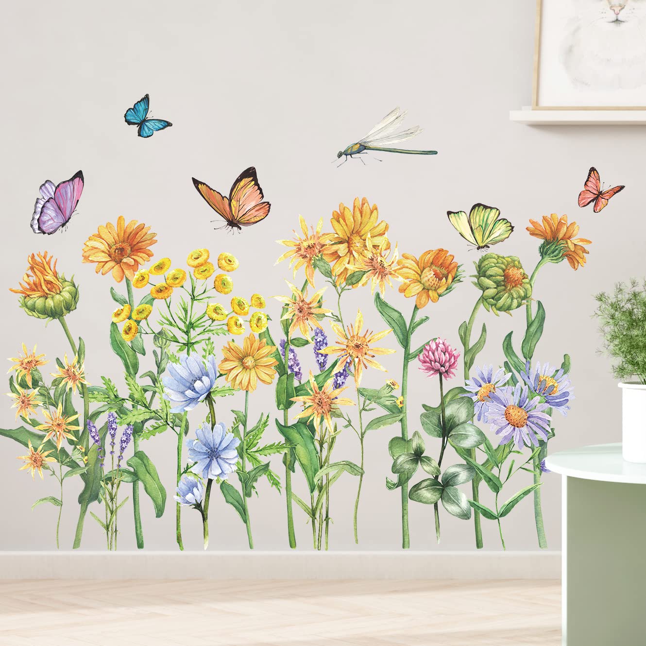 Buiory Removable Flowers Wall Decals Floral Butterfly Wall Stickers Garden Plants Wall Decor for Nursery Classroom Bedroom Bathroom Sofa TV Background