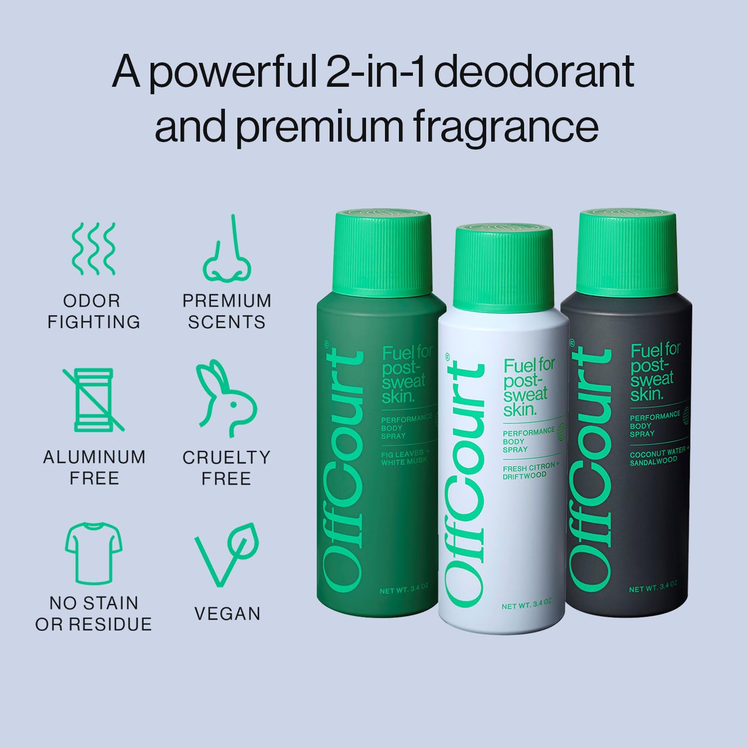 OffCourt - Natural Deodorant Body Spray for Men and Women - Aluminum Free - Whole Body Deodorant for Women and Men - Sandalwood, Citrus, and White Musk Scents, 3.4 Ounce (Pack of 3)