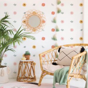 QUCHENG Daisy Wall Decals Boho Girls Bedroom Floral Stickers Removable Decor Nursery Kids Room Vinyl Murals DIY Cute Decorations 6 Sheets