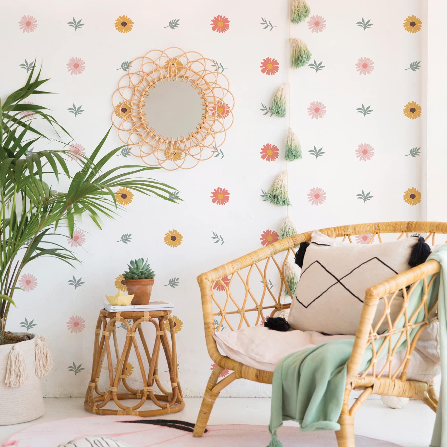 QUCHENG Daisy Wall Decals Boho Girls Bedroom Floral Stickers Removable Decor Nursery Kids Room Vinyl Murals DIY Cute Decorations 6 Sheets