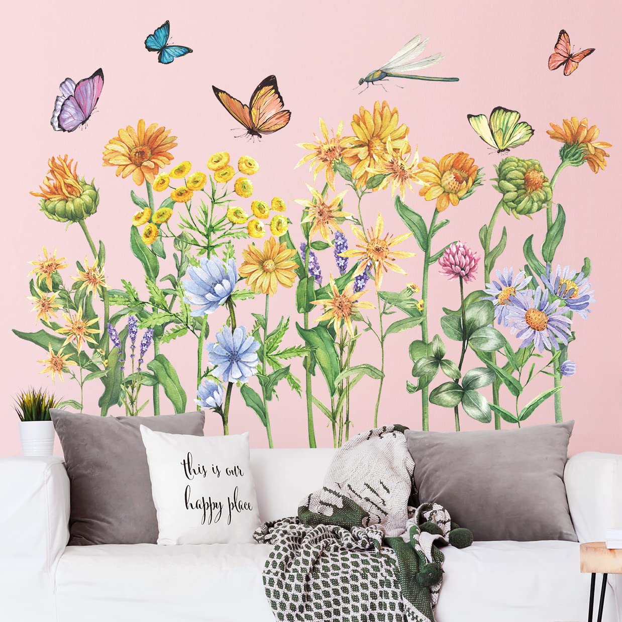 Buiory Removable Flowers Wall Decals Floral Butterfly Wall Stickers Garden Plants Wall Decor for Nursery Classroom Bedroom Bathroom Sofa TV Background