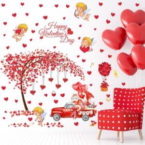 Valentine's Day Wall Decals Decor Pink Heart Tree Wall Stickers Couple Gnome Love Window Sticker Cupid Wall Sticker Valentines Window Decal Peel and Stick for Wedding Anniversary Engagement Decoration