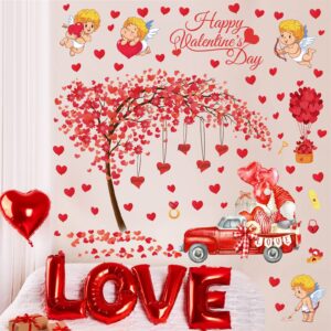 Valentine's Day Wall Decals Decor Pink Heart Tree Wall Stickers Couple Gnome Love Window Sticker Cupid Wall Sticker Valentines Window Decal Peel and Stick for Wedding Anniversary Engagement Decoration