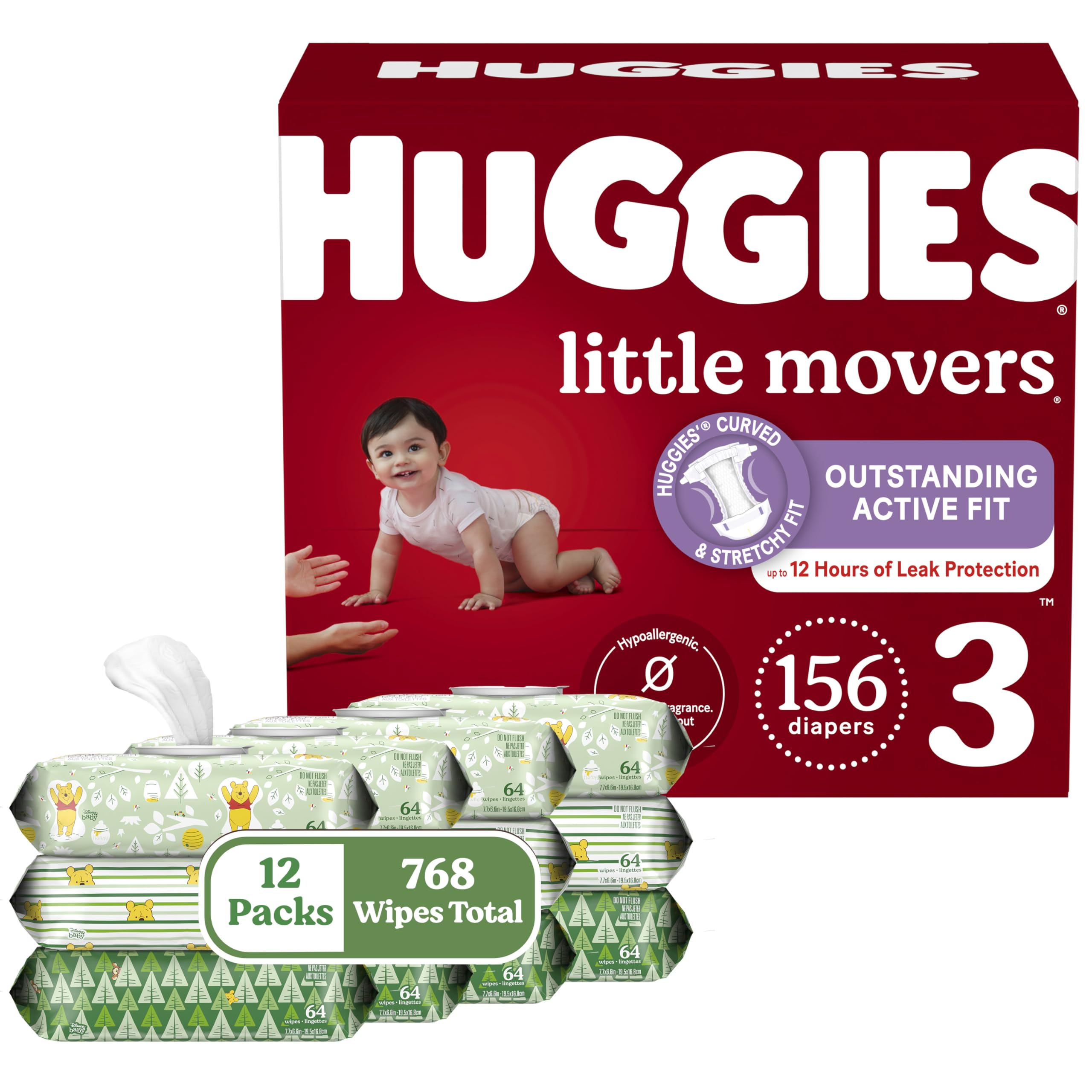 Huggies Little Movers + Wipes Bundle: Huggies Little Movers Baby Diapers, Size 3 (16-28 lbs), 156 Count (6 Packs of 26) & Huggies Natural Care Sensitive Baby Wipes, 768 Count (12 Packs of 64)