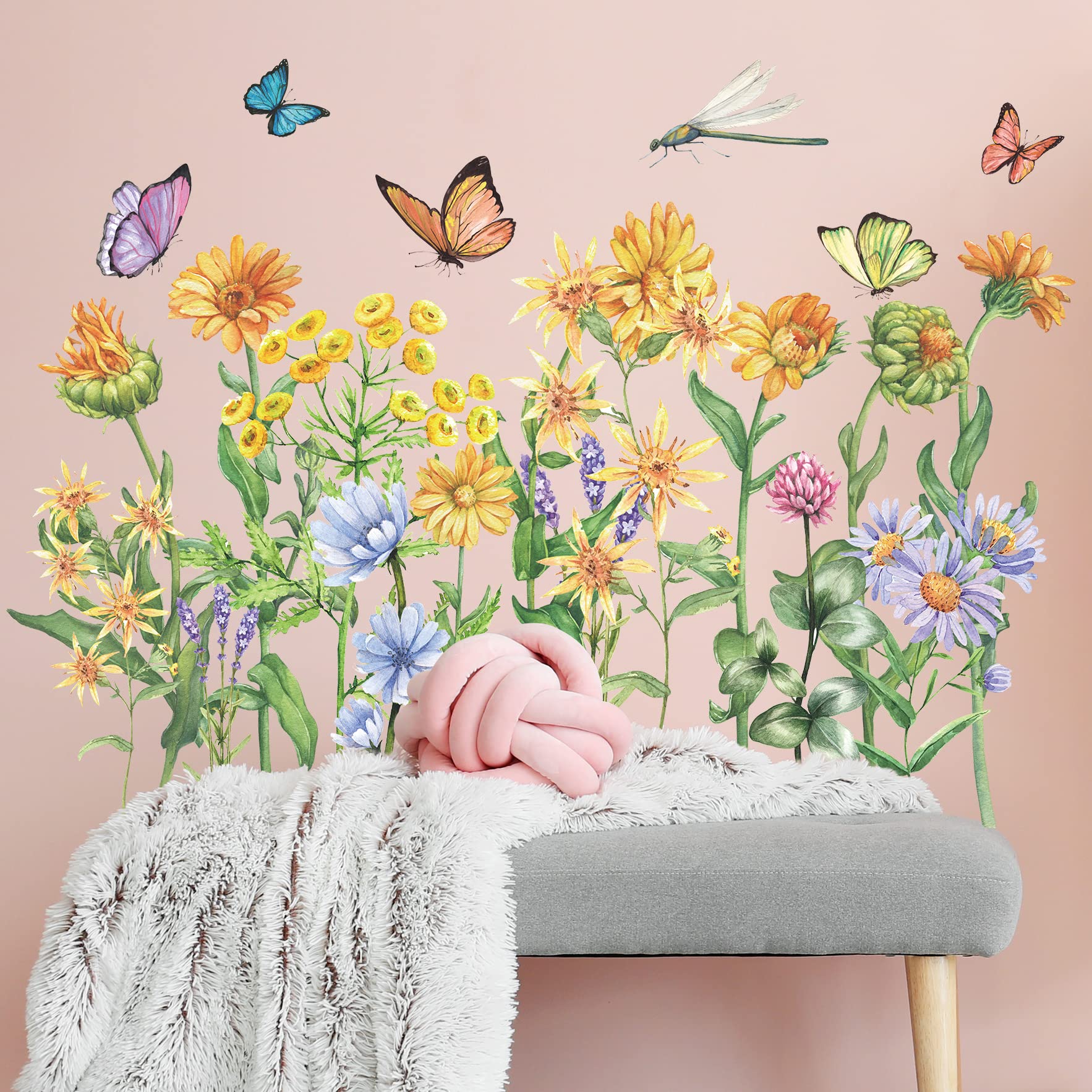 Buiory Removable Flowers Wall Decals Floral Butterfly Wall Stickers Garden Plants Wall Decor for Nursery Classroom Bedroom Bathroom Sofa TV Background