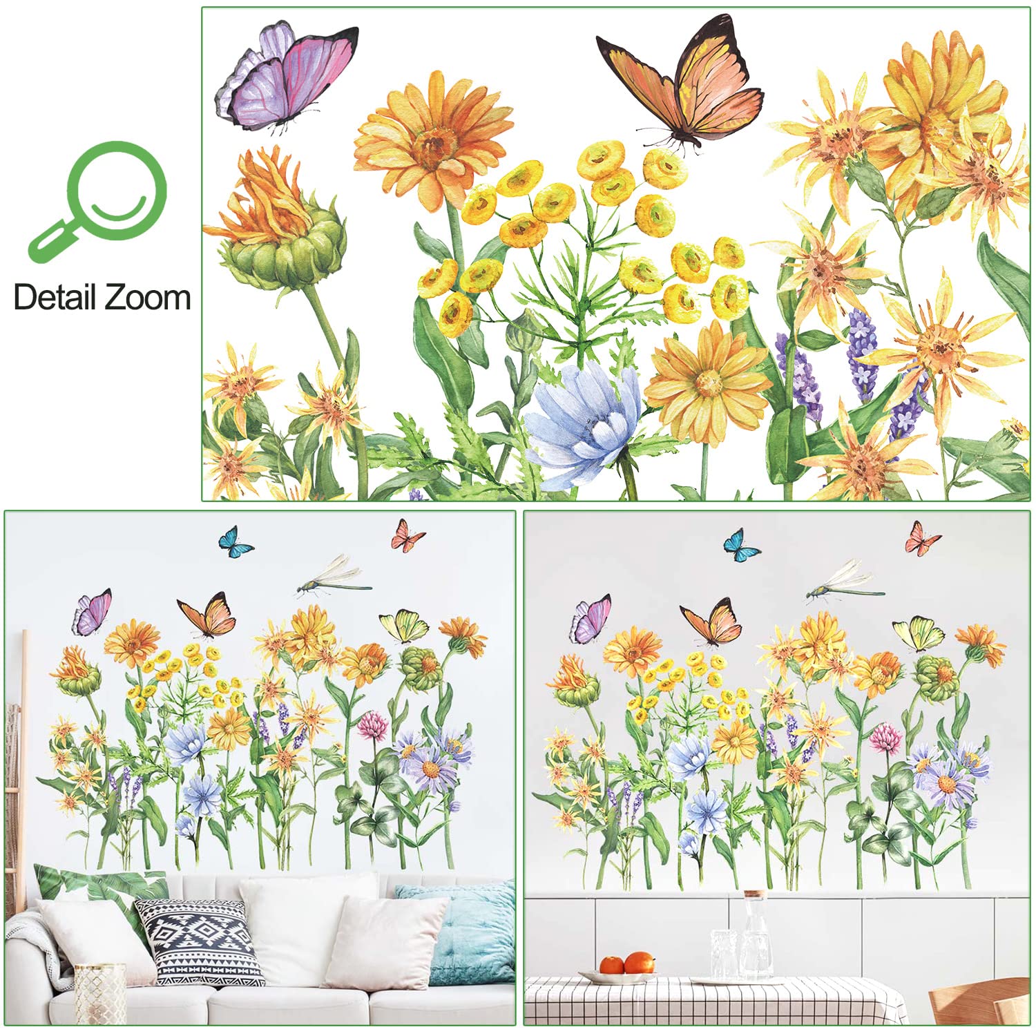 Buiory Removable Flowers Wall Decals Floral Butterfly Wall Stickers Garden Plants Wall Decor for Nursery Classroom Bedroom Bathroom Sofa TV Background